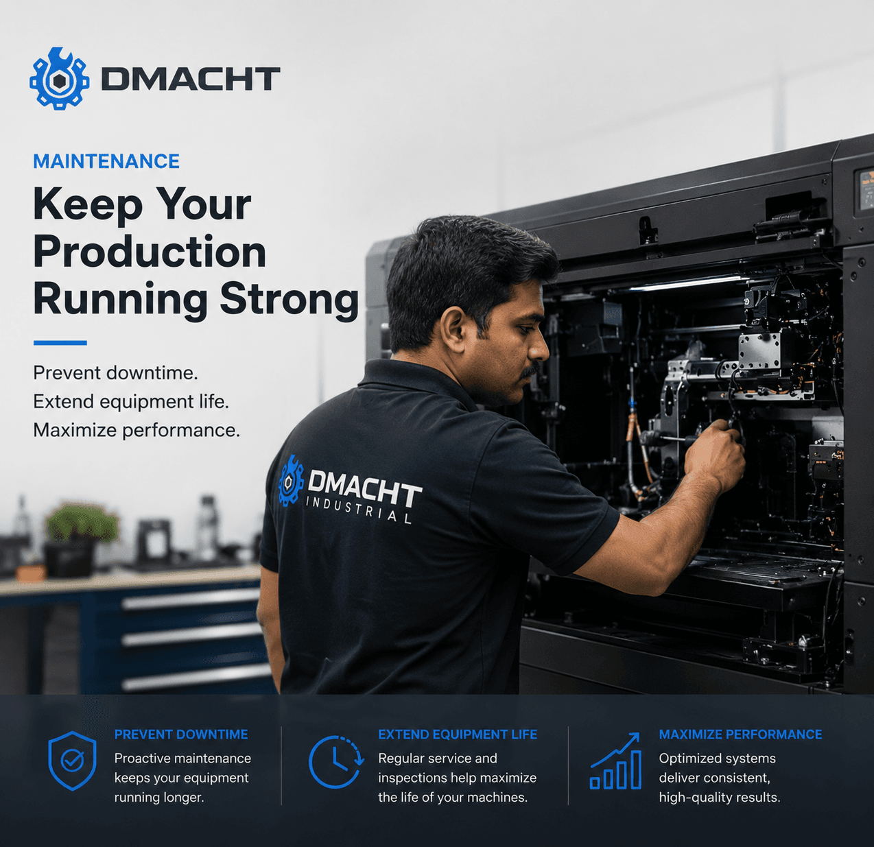D-Macht technician performing preventive maintenance on an industrial coding machine