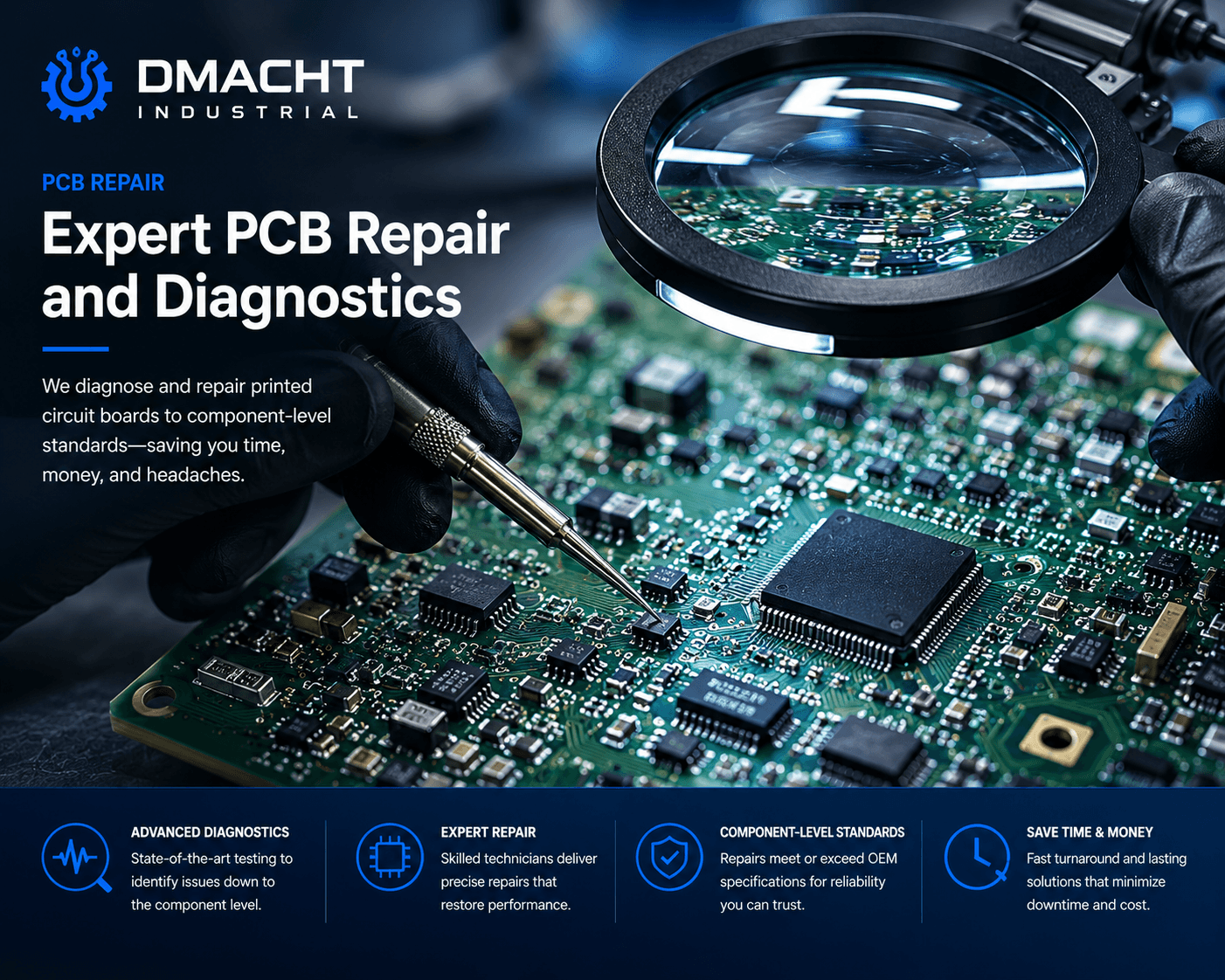 D-Macht PCB repair diagnostics with circuit board magnification tools and gloved technician support